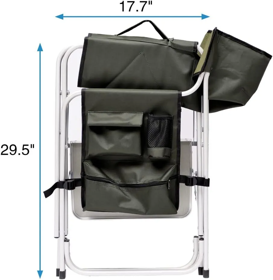 1-Piece Padded Folding Outdoor Chair with Side Table and Storage Pockets,Lightweight Oversized Directors Chair for Indoor, Outdoor Camping, (Green   Aluminum)