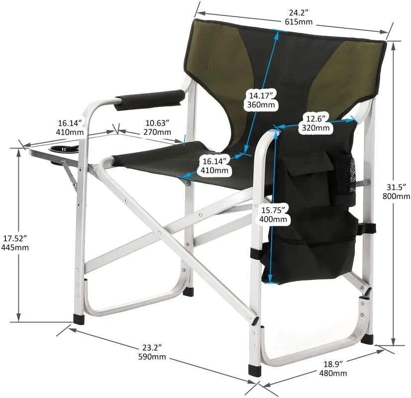 1-Piece Padded Folding Outdoor Chair with Side Table and Storage Pockets,Lightweight Oversized Directors Chair for Indoor, Outdoor Camping, (Green   Aluminum)