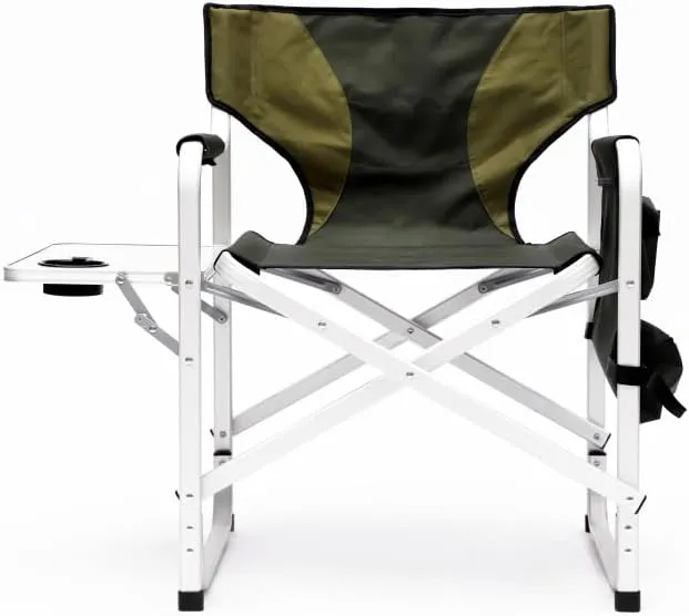 1-Piece Padded Folding Outdoor Chair with Side Table and Storage Pockets,Lightweight Oversized Directors Chair for Indoor, Outdoor Camping, (Green   Aluminum)