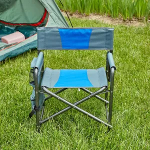 1-Piece Padded Folding Outdoor Chair with Storage Pockets, Lightweight Oversized Directors Chair for Camping, Picnics, and Fishing, Blue/Grey