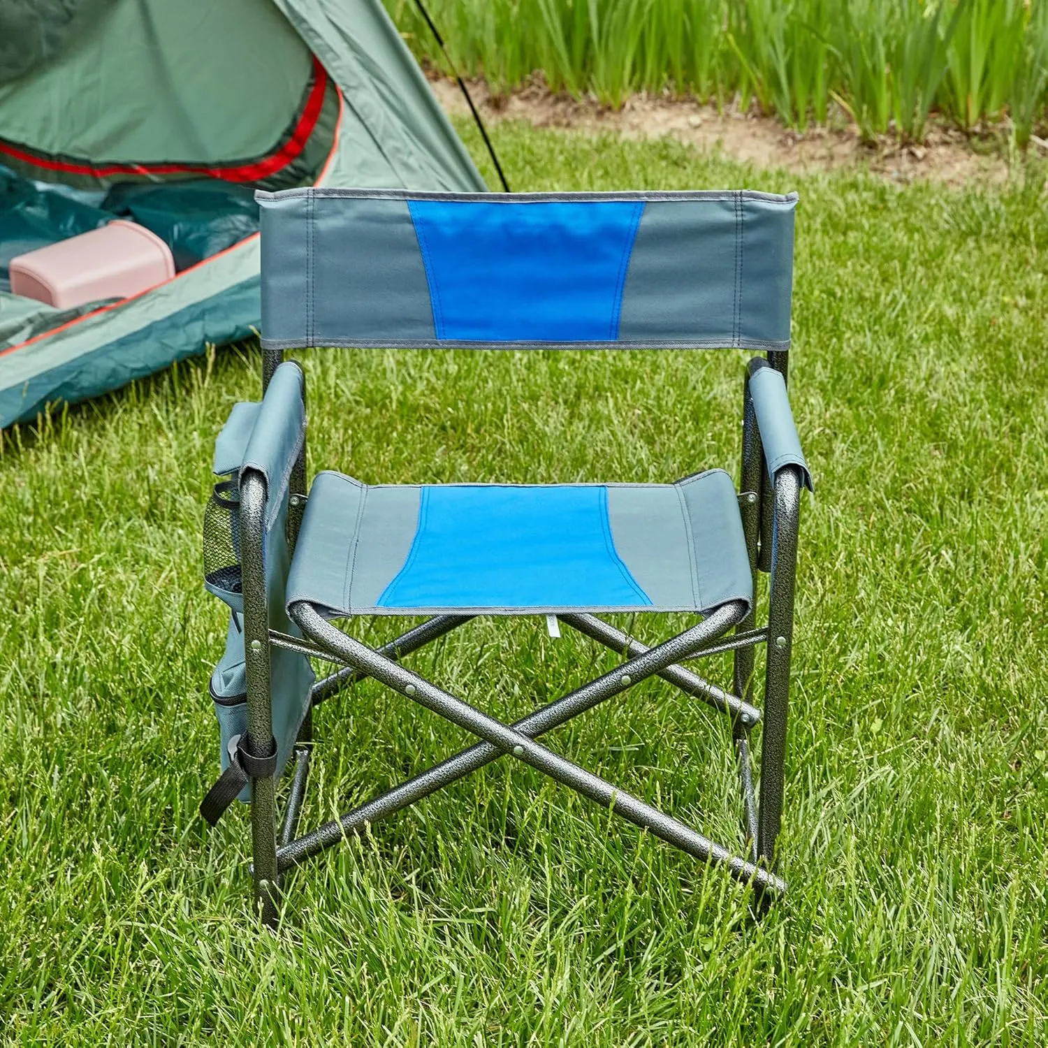 1-Piece Padded Folding Outdoor Chair with Storage Pockets, Lightweight Oversized Directors Chair for Camping, Picnics, and Fishing, Blue/Grey