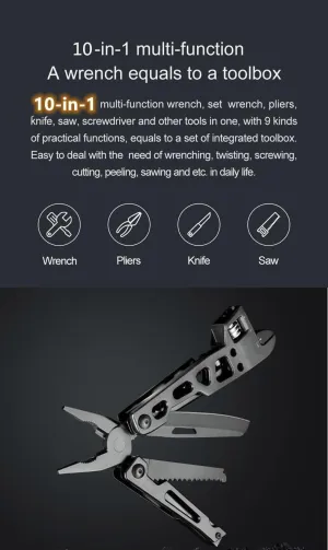 10 IN 1 Multitool Wrench Pliers Folding Knife Stainless Steel EDC Ruler with Bits For Survival (Black)