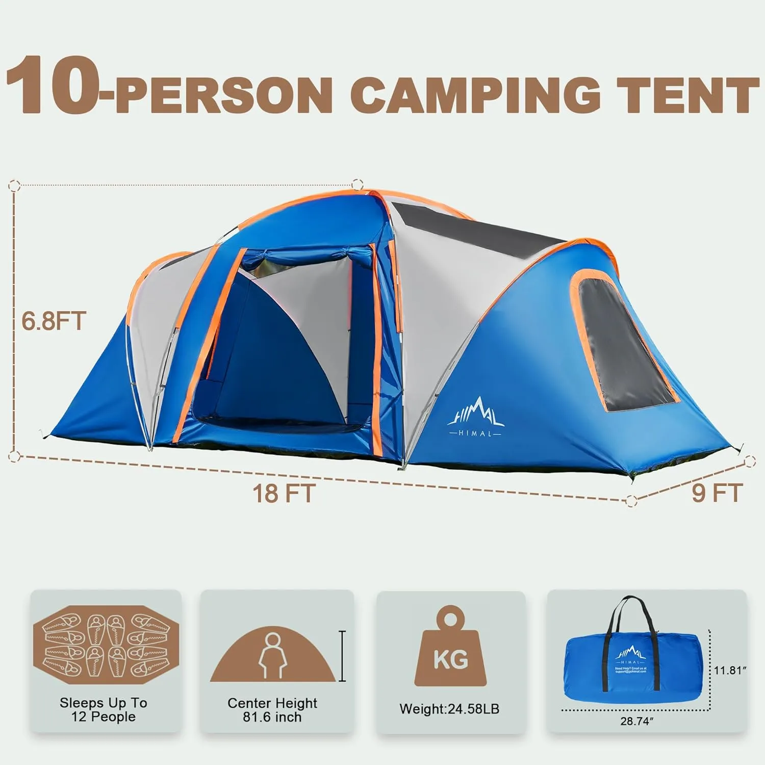 10 Person Family Tents for Camping Waterproof, Music Festival, Parties,2 Room Big Tent with 4 Large Mesh Windows, Double Layer, Easy Setup, Weather Resistant,18ft X 9ft X6.8ft