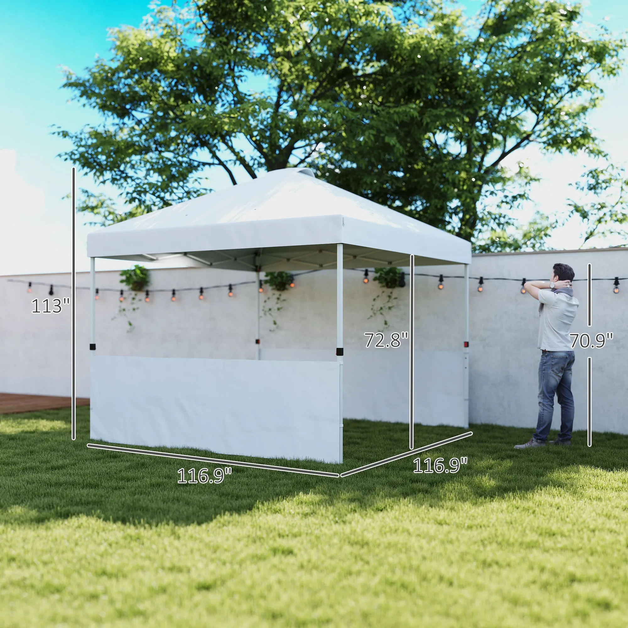 10' x 10' Pop Up Canopy Tent with 2 Half Sidewalls, UV50 , Wheeled Bag, White