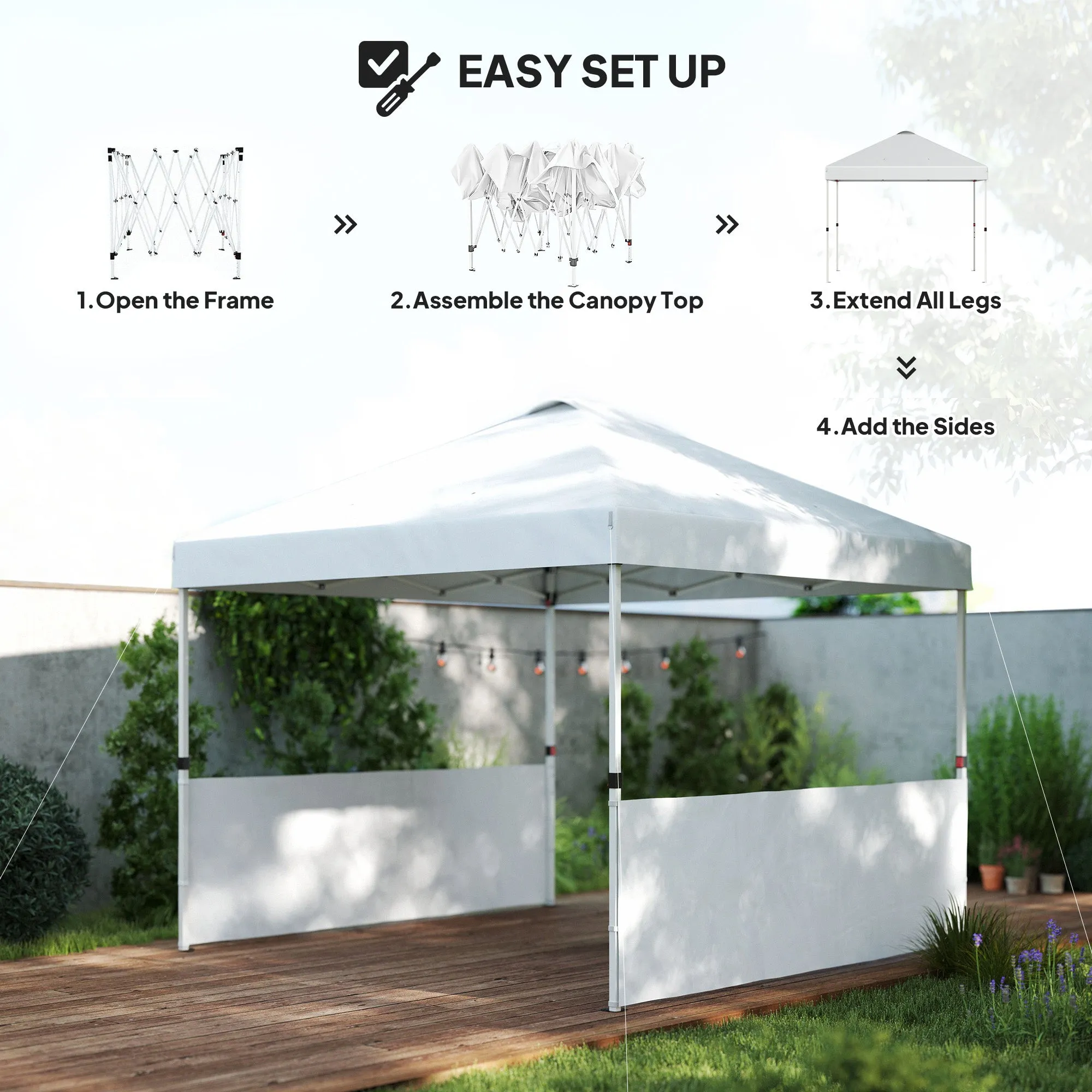 10' x 10' Pop Up Canopy Tent with 2 Half Sidewalls, UV50 , Wheeled Bag, White