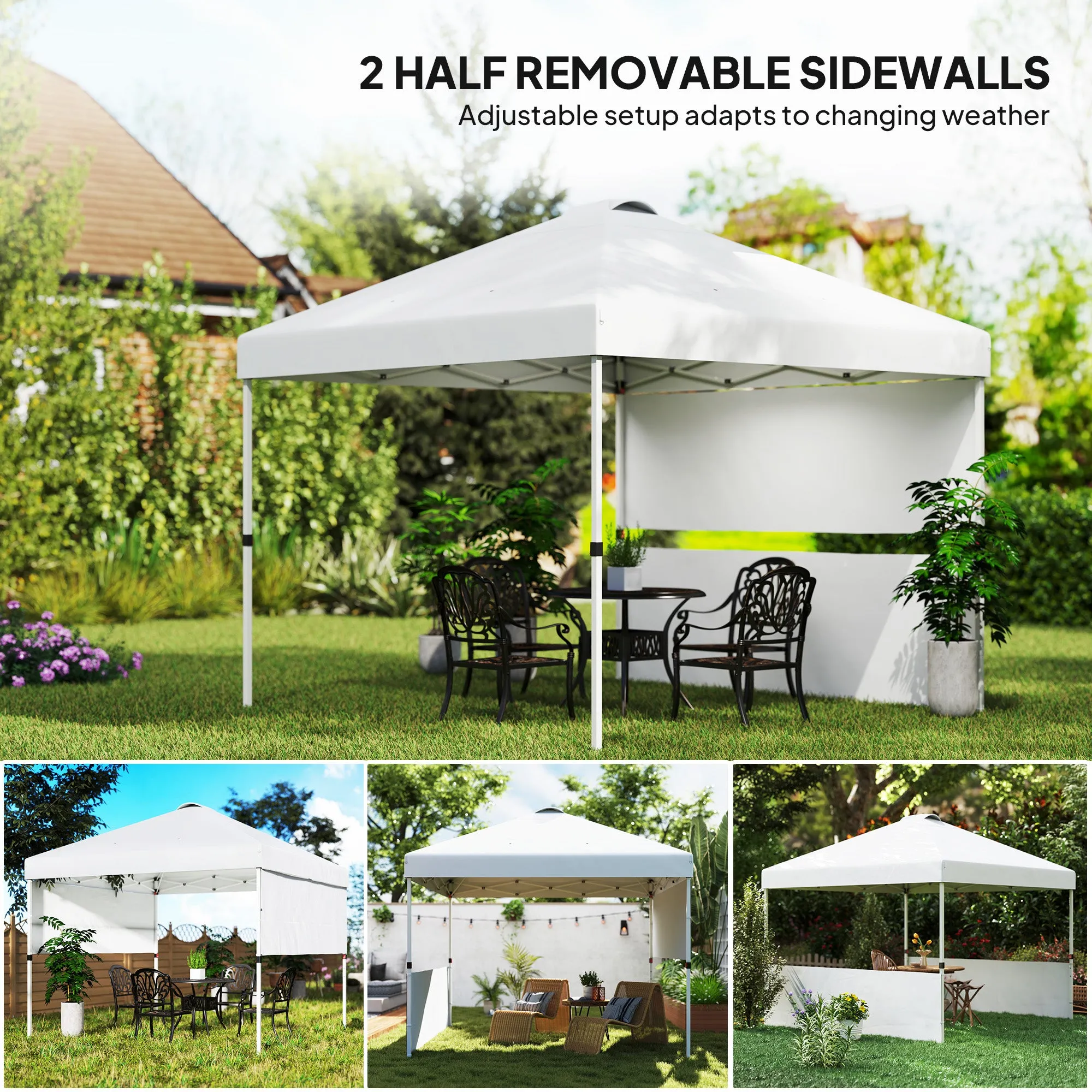 10' x 10' Pop Up Canopy Tent with 2 Half Sidewalls, UV50 , Wheeled Bag, White