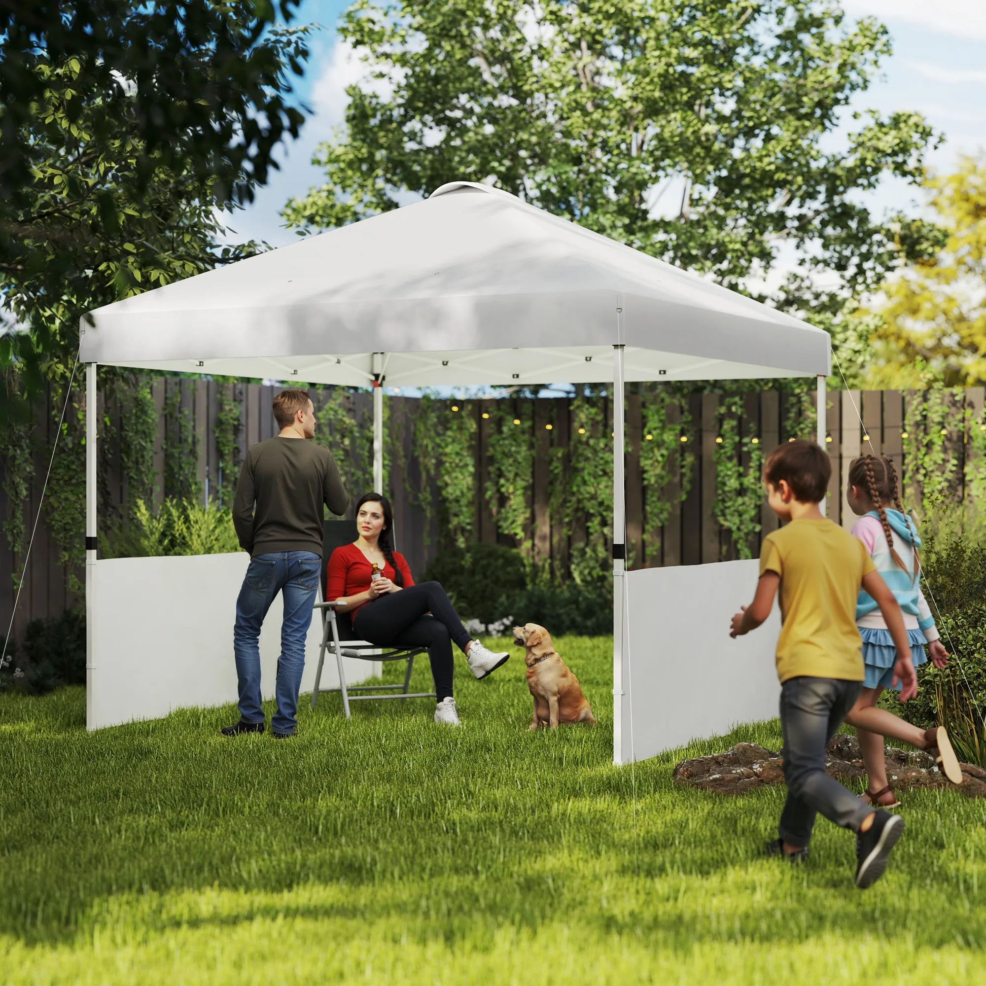10' x 10' Pop Up Canopy Tent with 2 Half Sidewalls, UV50 , Wheeled Bag, White