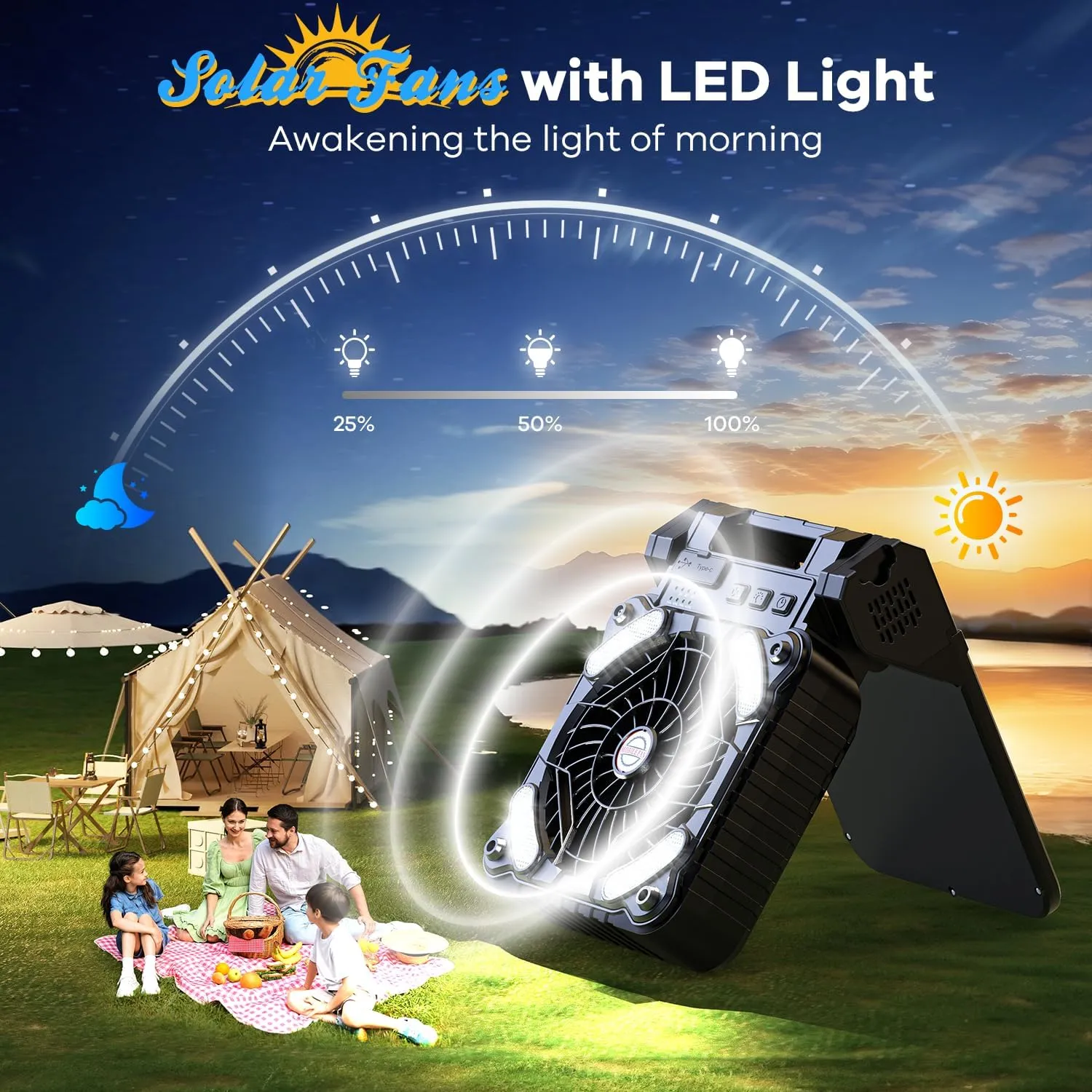 10400mAh Solar Powered Camping Fan,Portable Rechargeable Battery Powered Travel Fan with LED Lantern,Beach Essentials for Hurricane Emergencies, Hiking,Worksite Cooling (Black)
