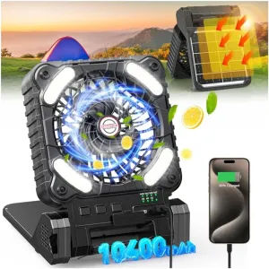 10400mAh Solar Powered Camping Fan,Portable Rechargeable Battery Powered Travel Fan with LED Lantern,Beach Essentials for Hurricane Emergencies, Hiking,Worksite Cooling (Black)
