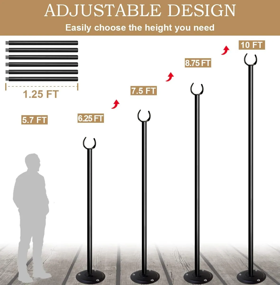 10ft String Light Poles for Outdoors, Outside Light Poles for Hard Ground Surface, Backyard, Patio, Outdoor Lighting, Matte Black, 1 Pack