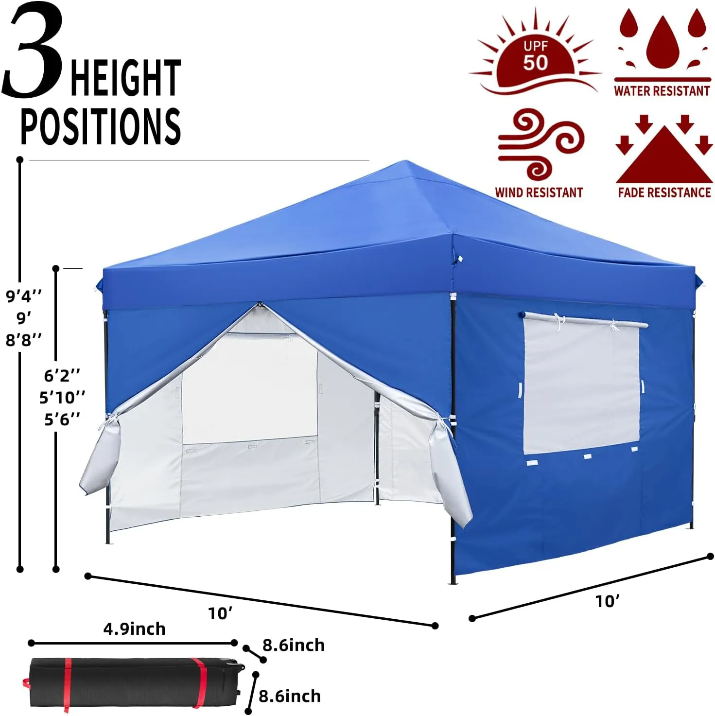 10x10 Pop Up Canopy-Instant Outdoor Tent with Roller Bag,4 Sand Bags&4 Sidewalls for Instant Tents,Waterproof Top Cover for Garden Patio Camping,Blue by DNKMOR
