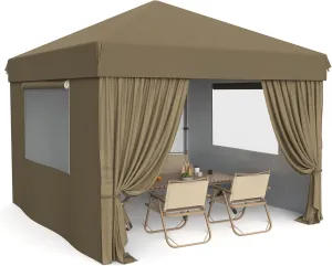 10x10 Pop Up Canopy Tent Outdoor Canopy with Removable Sidewalls Heavy Duty Commercial Instant Tent Shelter (Khaki, 4-Sidewall)