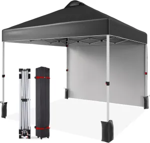 10x10 Pop-Up Canopy with 1 Side Wall,Outdoor Sun Shade for Events for，Features Wind Tunnel Design for Stabilit,Includes Wheeled Bag, 4 Canopy Sandbags, and 8 Tent Stakes,Black