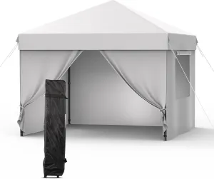 10x10 Pop Up Canopy with 4 Removable Sidewalls and Windows, 3 Adjustable Heights Commercial Shelter, Portable Enclosed Instant Tent with Wheeled Carry Bag, Waterproof Outdoor Gazebo，Grey