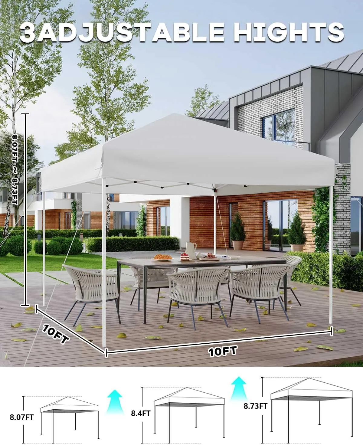 10x10 Pop Up Canopy with Removable 3 Sidewalls - Easy Up Camping Tent with One Button Push Setup - 1 Roller Bag, 3 Adjustable Height, 4 Weight Bags for Deck, Garden, Sports, Beach, Party - White