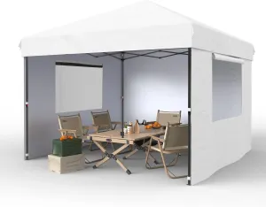 10x10 Pop Up Canopy with Removable 3 Sidewalls - Easy Up Camping Tent with One Button Push Setup - 1 Roller Bag, 3 Adjustable Height, 4 Weight Bags for Deck, Garden, Sports, Beach, Party - White