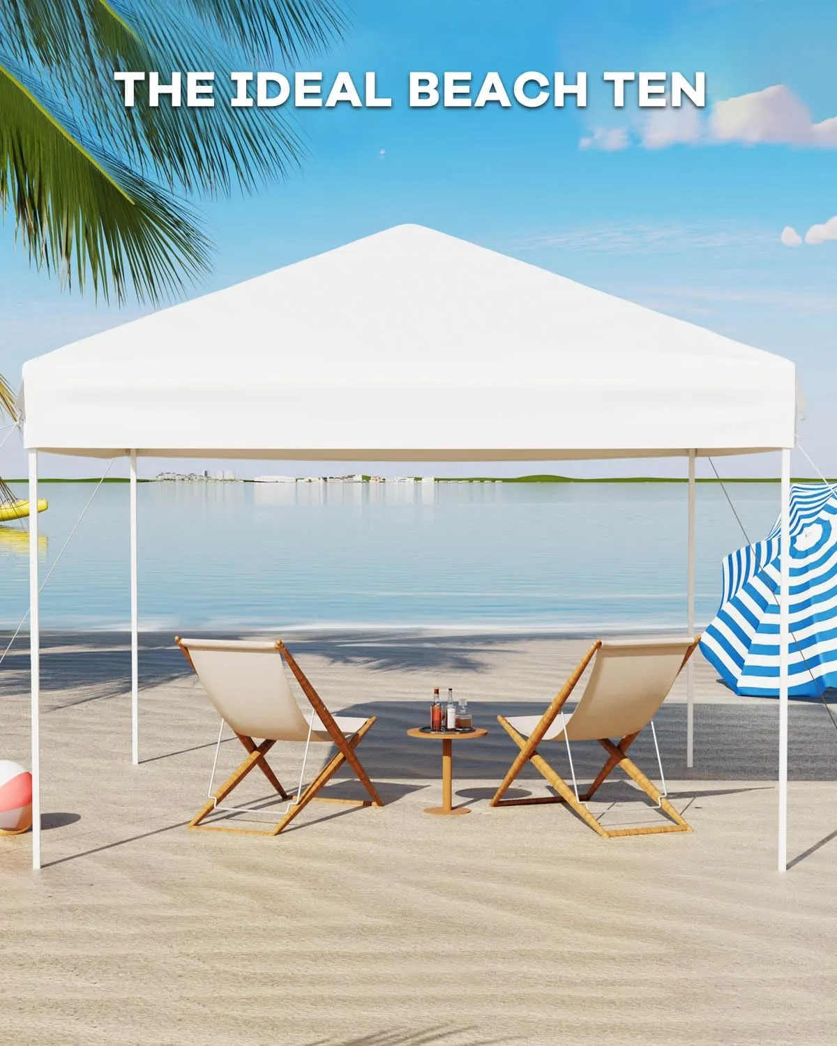 10x10 Pop Up Canopy with Removable 3 Sidewalls - Easy Up Camping Tent with One Button Push Setup - 1 Roller Bag, 3 Adjustable Height, 4 Weight Bags for Deck, Garden, Sports, Beach, Party - White