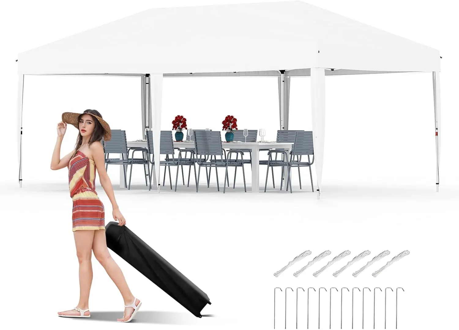 10x20 Pop Up Canopy Tent Outdoor Canopy with No Removable Sidewall One-Person Set Up Heavy Duty Commercial Instant Tent Shelter-White