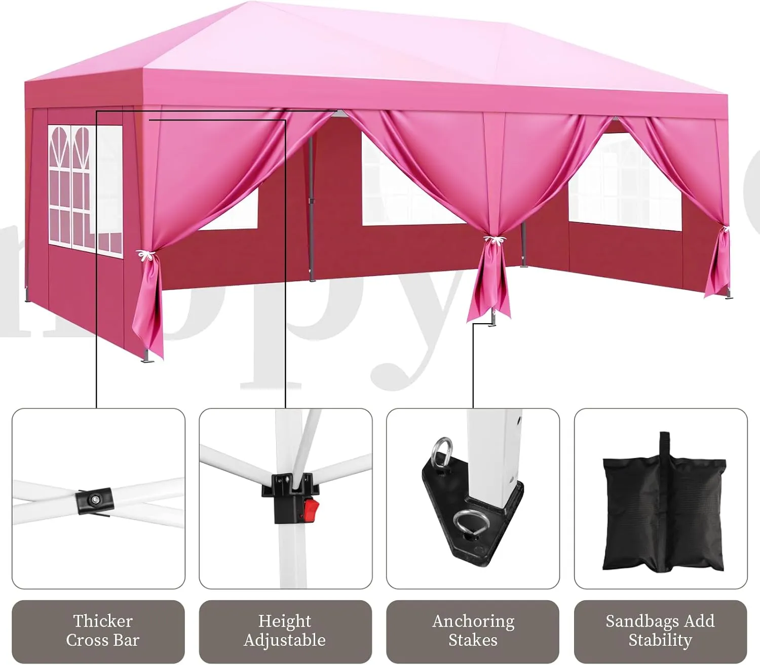 10x20 Pop Up Canopy with 6 Removable Sidewalls,Portable Instant Commercial Canopy,Beach Sun Shelter Waterproof Outdoor Tent with 6 pcs Weight Bag,Carry Bag, Rose Quartz