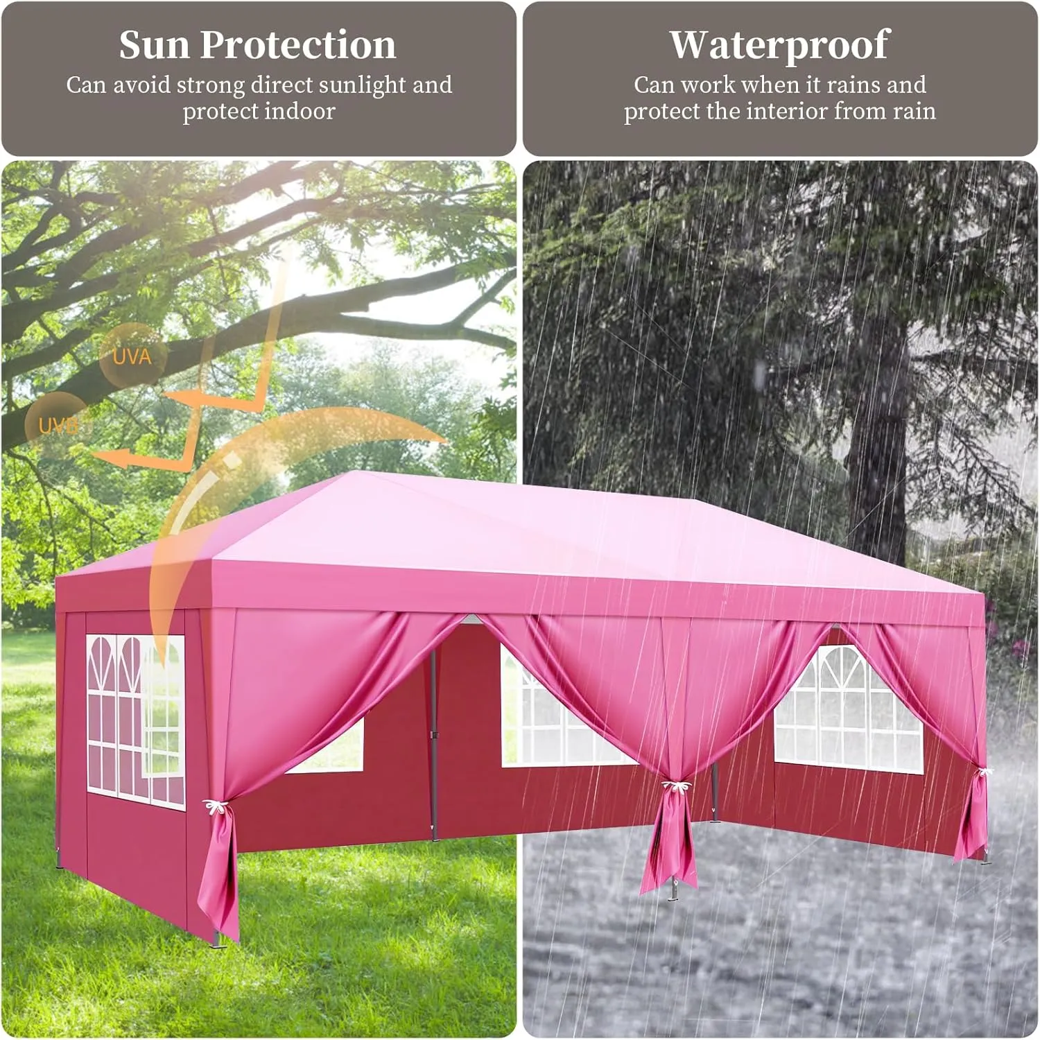 10x20 Pop Up Canopy with 6 Removable Sidewalls,Portable Instant Commercial Canopy,Beach Sun Shelter Waterproof Outdoor Tent with 6 pcs Weight Bag,Carry Bag, Rose Quartz