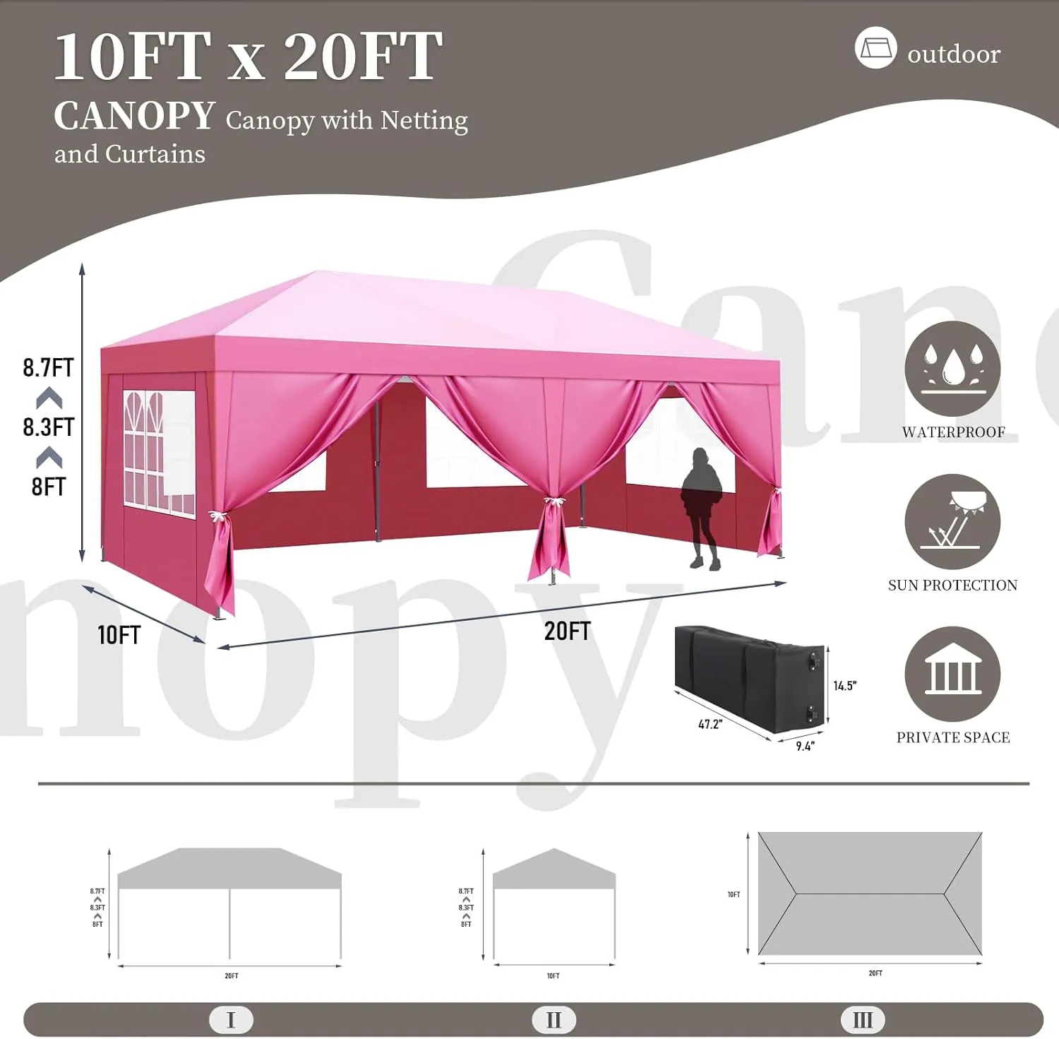 10x20 Pop Up Canopy with 6 Removable Sidewalls,Portable Instant Commercial Canopy,Beach Sun Shelter Waterproof Outdoor Tent with 6 pcs Weight Bag,Carry Bag, Rose Quartz
