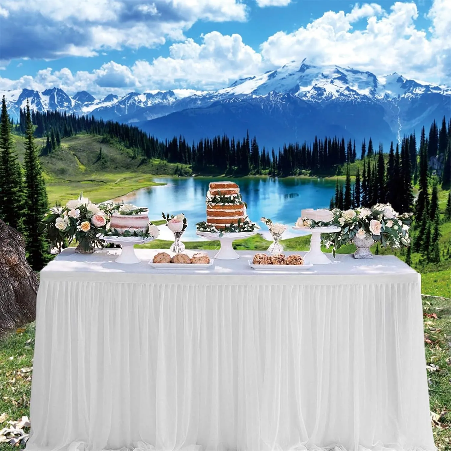 10x6ft Snowy Mountain Forest Lake Backdrop Mountain Pine Trees Forest Nature Camping Background Outdoor Hiking Nature Wallpaper Photo Portraits Video Studio Props