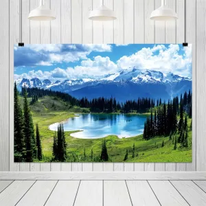 10x6ft Snowy Mountain Forest Lake Backdrop Mountain Pine Trees Forest Nature Camping Background Outdoor Hiking Nature Wallpaper Photo Portraits Video Studio Props