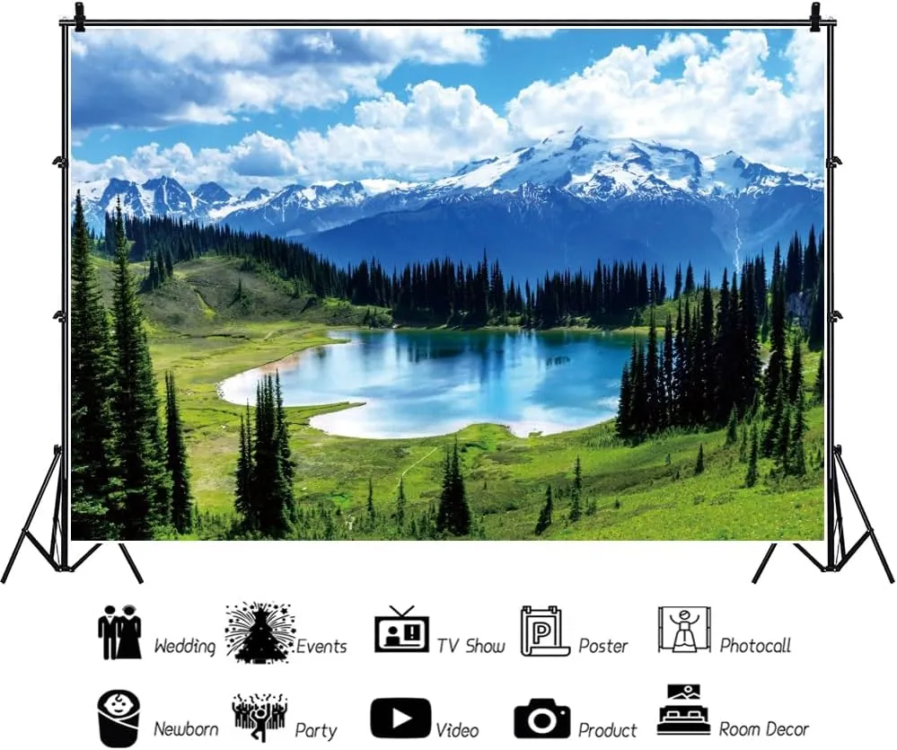 10x6ft Snowy Mountain Forest Lake Backdrop Mountain Pine Trees Forest Nature Camping Background Outdoor Hiking Nature Wallpaper Photo Portraits Video Studio Props