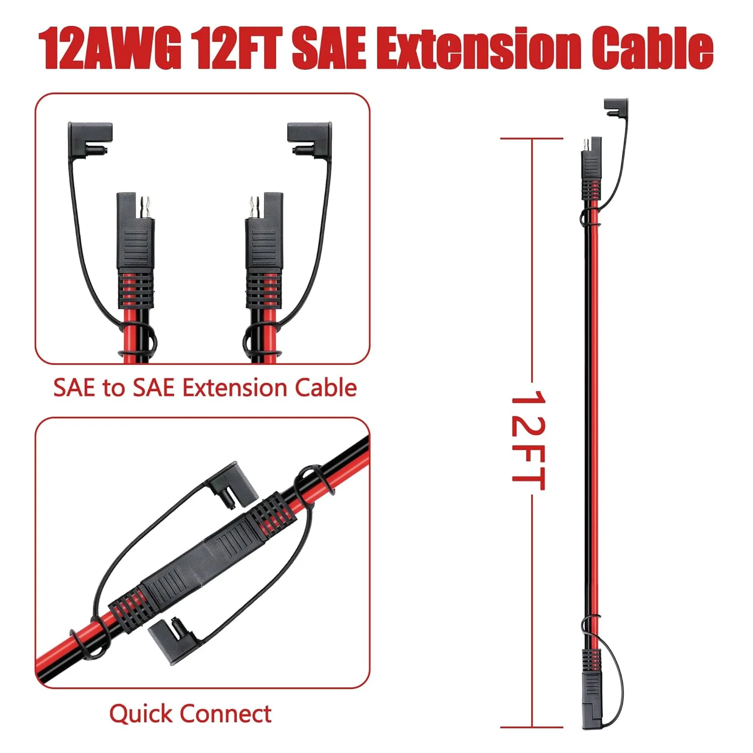 12 Feet SAE to SAE Extension Cable 12AWG,12 Gauge SAE Adapter Cable,SAE Ports Wire for Solar Panel Battery Automotive RV Camp Trailer Tractor