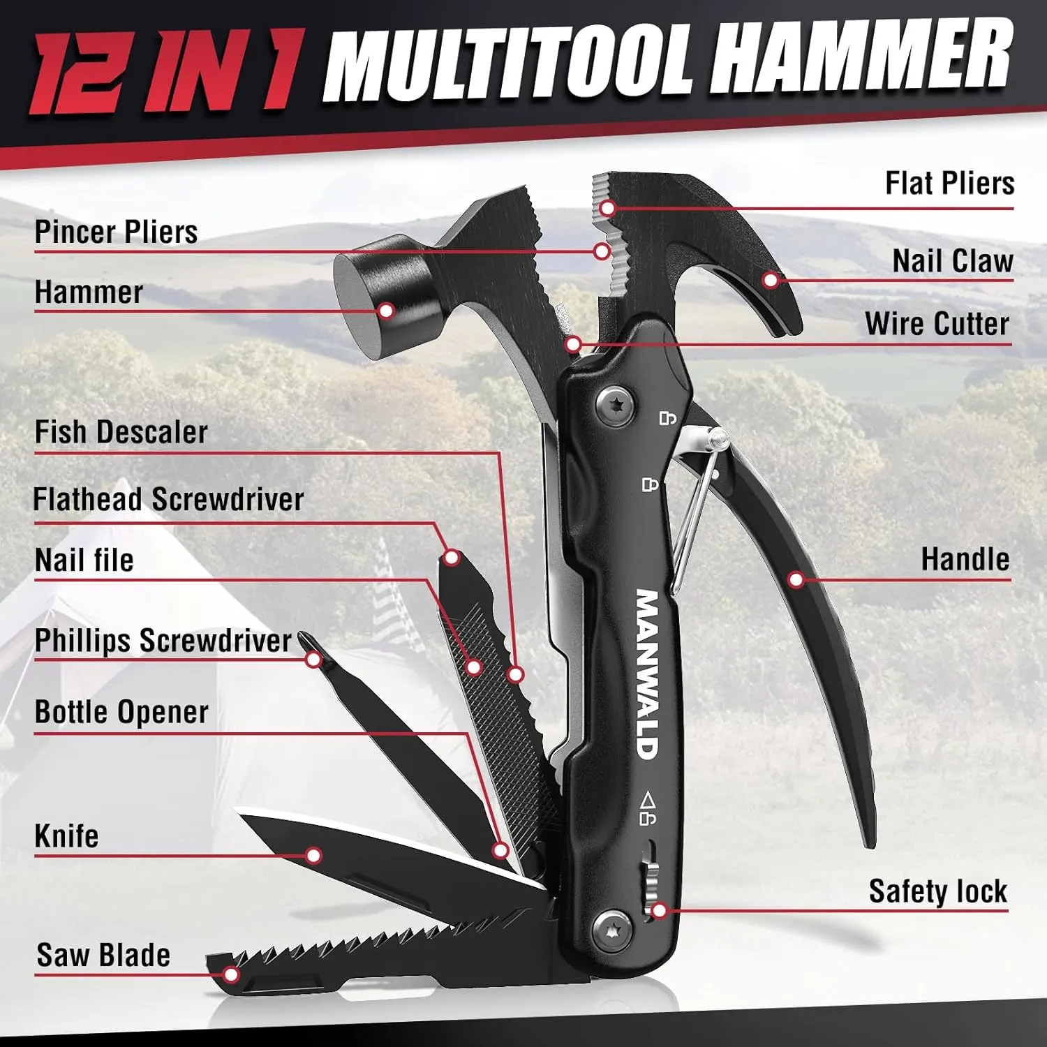 12 in 1 Multitool Hammer, Gifts for Dad, Fathers Day Dad Gifts from Daughter Wife Son, Camping Accessories Survival Gear, Cool Gadgets Gifts for Men,Husband, Boyfriends, Birthday Gifts for Him