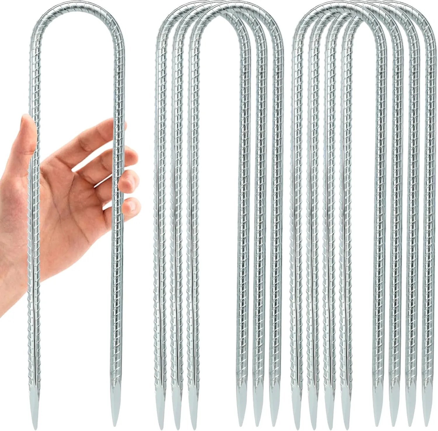 12 INCH 8 Pack Trampoline Stakes, U Shaped Ground Anchors Wind Stakes, Heavy Duty Trampoline Parts, Steel Stakes for Trampolines, Outdoor Canopies, Camping Tents and Football Goals, Silver