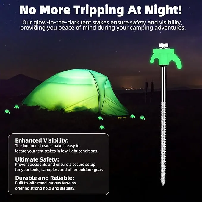 12 Pack Tent Stakes Heavy Duty 8 Inch Ground Anchor Screw Camping Stakes with Luminous Head Metal Threaded Tent Pegs, Includes Hex Head Driver and Storage Box