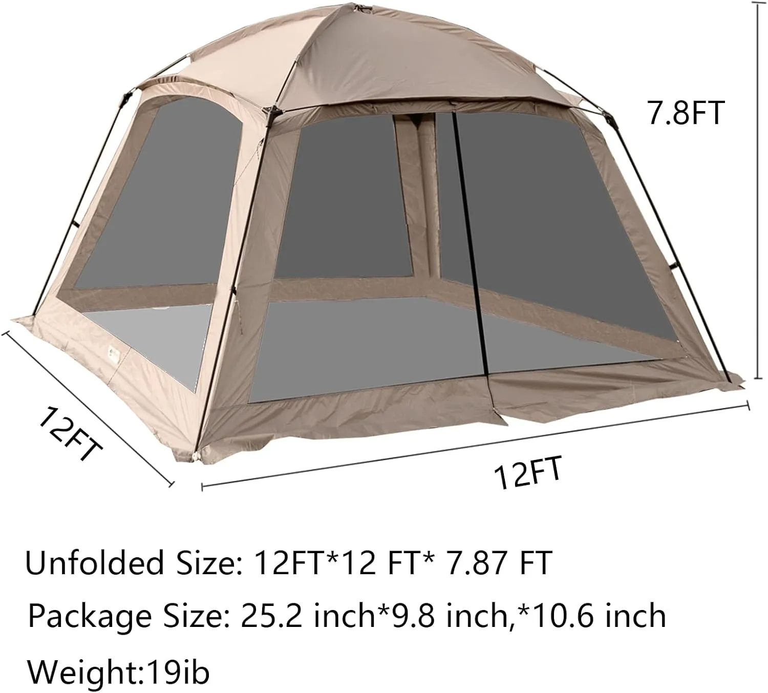 12x12 Ft Screen House Tent - Instant Pop Up Mesh Canopy Shelter with Waterproof & Sunshade Roof, Easy Setup for Camping, Backyard, Beach, Picnic