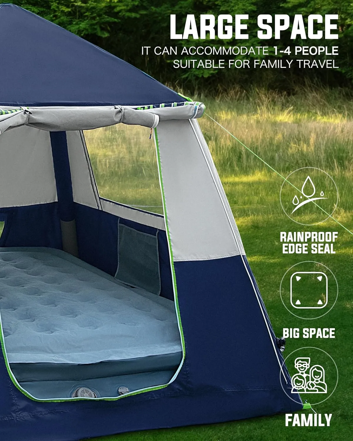 14.1'x6.5'x9' Inflatable Tents for Camping, Portable 6/8/10 Person Blow Up Air Tent, Waterproof Windproof Easy Setup Large Family Tent with 2 Doors, 6 Windows, Mosquito Screen