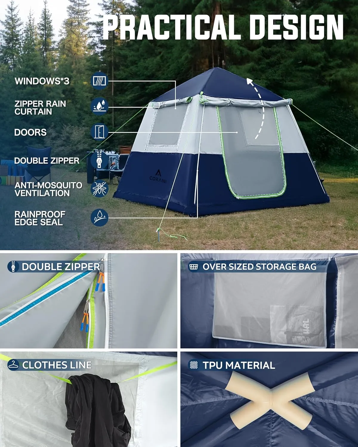 14.1'x6.5'x9' Inflatable Tents for Camping, Portable 6/8/10 Person Blow Up Air Tent, Waterproof Windproof Easy Setup Large Family Tent with 2 Doors, 6 Windows, Mosquito Screen