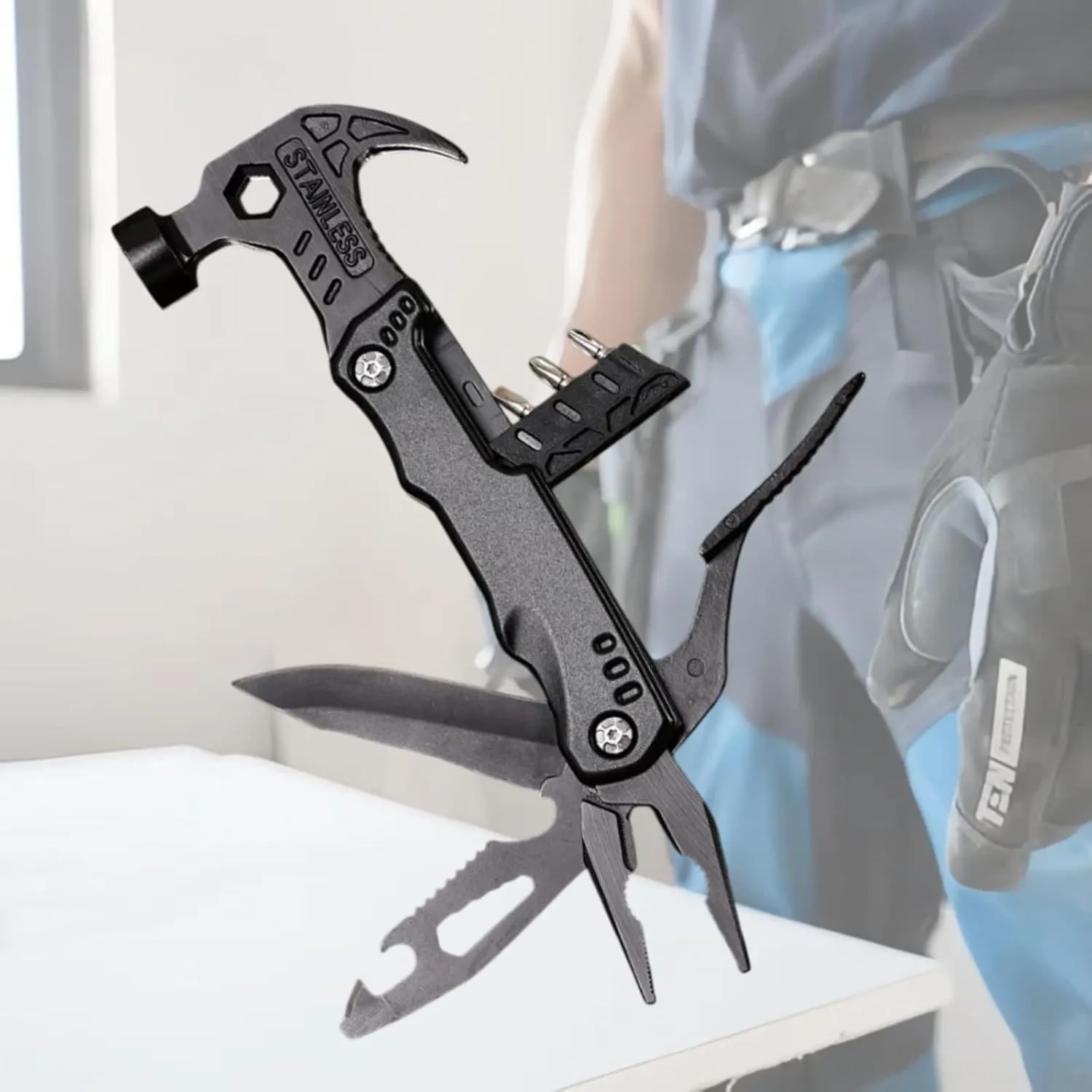 15-in-1 Multitool Hammer Survival Gear - Stainless Steel Camping Tool with Pliers,Nail Puller, Screwdriver,Saw,Bottle Opener - Emergency Escape Car Hammer,Outdoor Gifts for Men Dad Husband