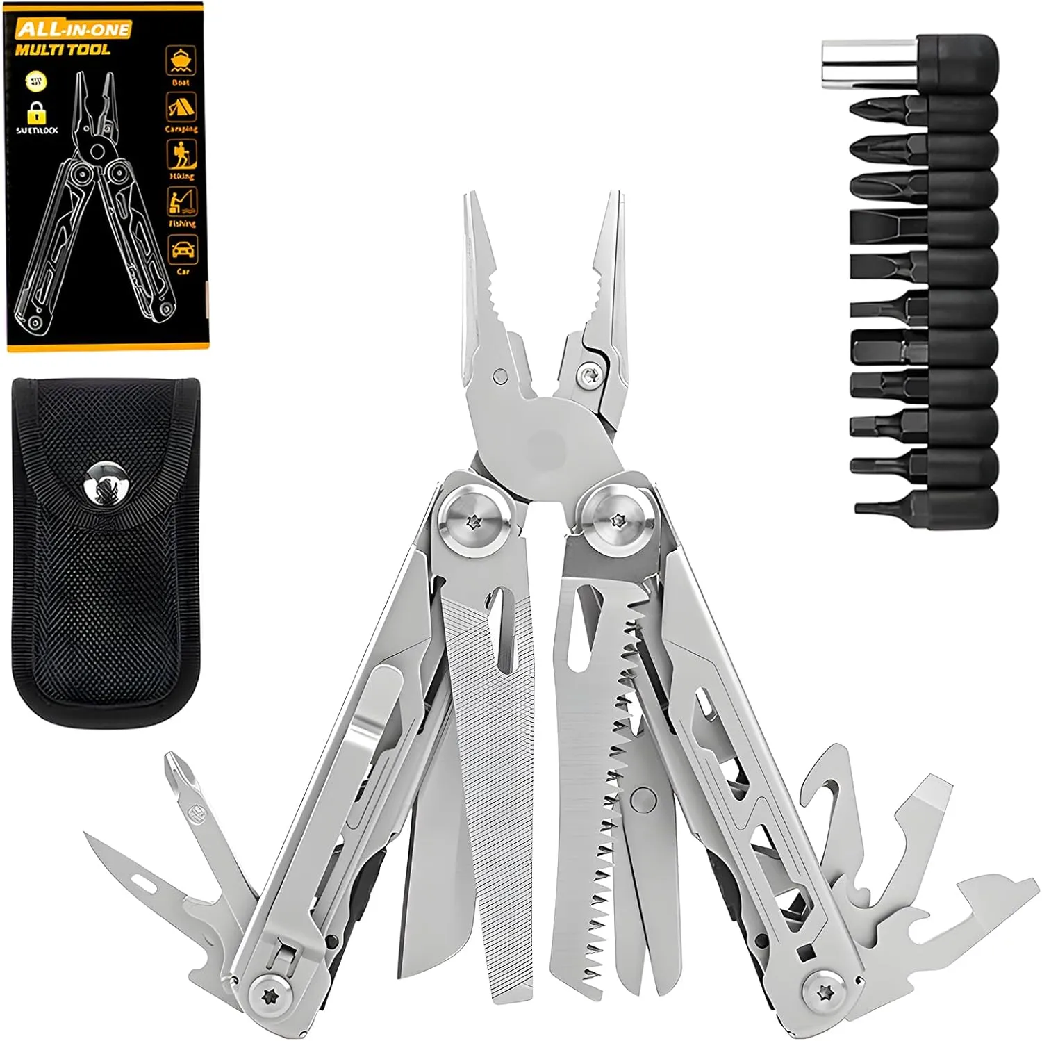 16-In-1 Multitool, Folding Stainless Steel Pocket Pliers with Safety Locking & Needle Nose Pliers for Outdoor Survival Camping Gear Gift