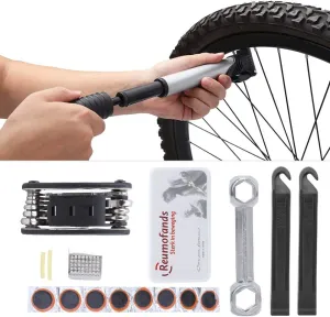 16Pcs Bicycle Repair Bag Multifunction Bike Tool Kit 16 in 1 Bicycle Multitool with Air Pump,Hex Wrench,Tire Repair Patch,Tire Pry,Air Mouth Nozzle,Metal Grinding Sheet