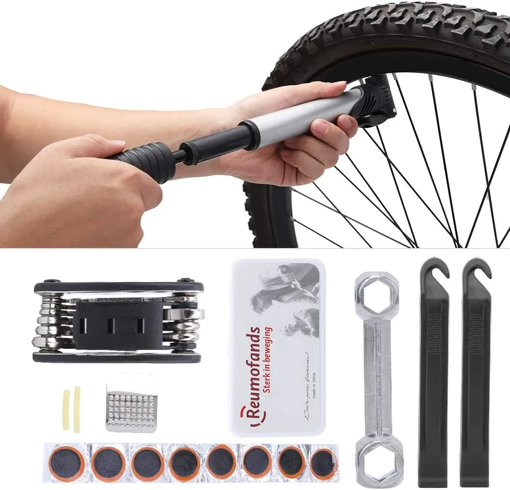 16Pcs Bicycle Repair Bag Multifunction Bike Tool Kit 16 in 1 Bicycle Multitool with Air Pump,Hex Wrench,Tire Repair Patch,Tire Pry,Air Mouth Nozzle,Metal Grinding Sheet