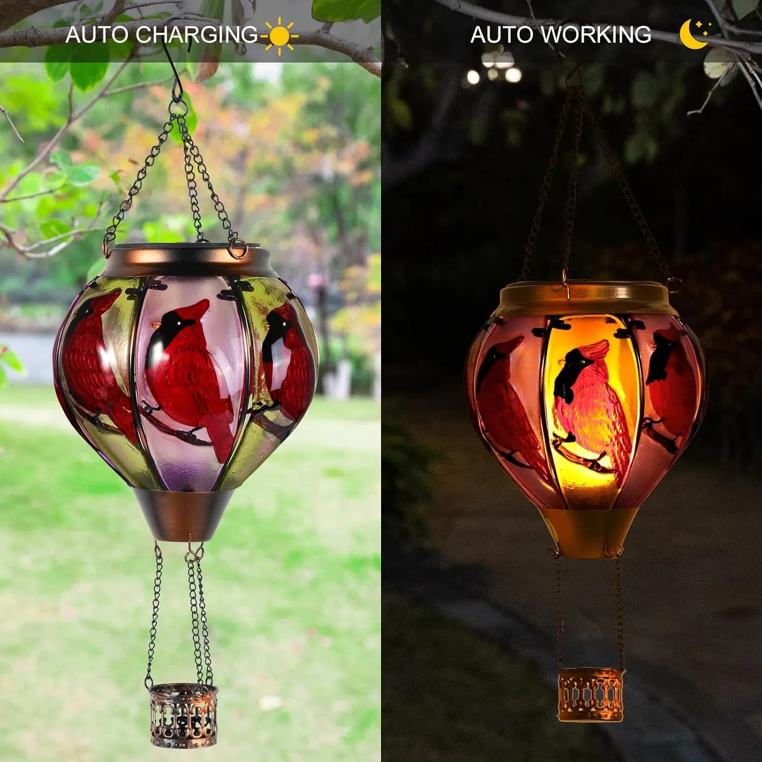 18inch Hot Air Balloon Solar Lantern with Flickering Flame Hanging Solar Outdoor Lantern Lights Waterproof Lanterns for Garden Patio Yard Party Decoration Cardinal