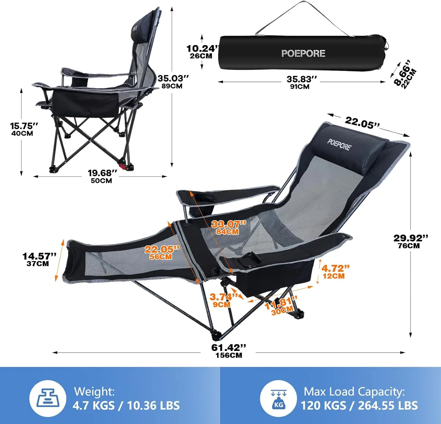 2-Pack Reclining Camping Chair 4 Position with Foot Rest Comfortable for Adults 265Ibs Folding Lounger Mesh Beach Chair with Cooler Bag and Cup Holder for Outdoor Patio