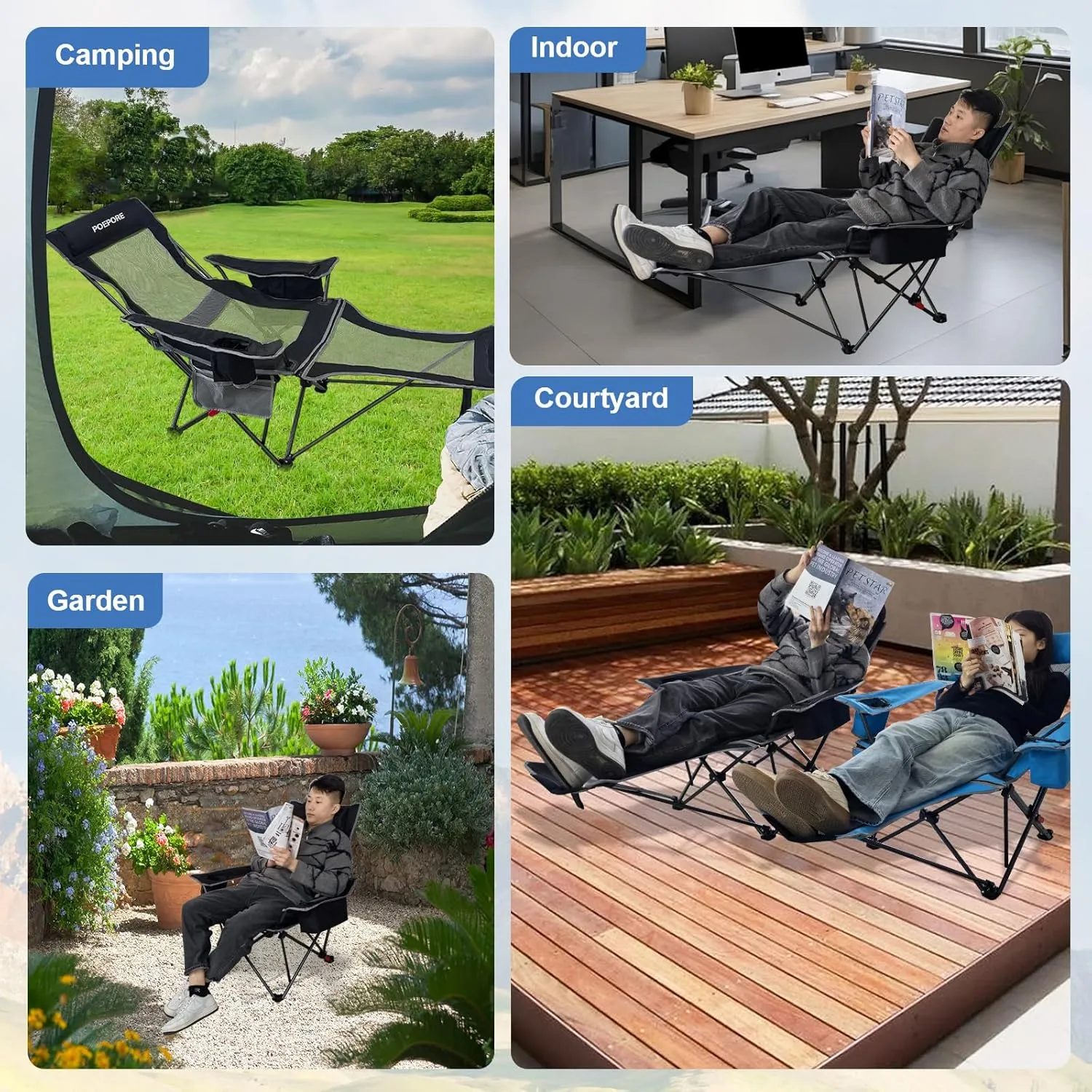 2-Pack Reclining Camping Chair 4 Position with Foot Rest Comfortable for Adults 265Ibs Folding Lounger Mesh Beach Chair with Cooler Bag and Cup Holder for Outdoor Patio