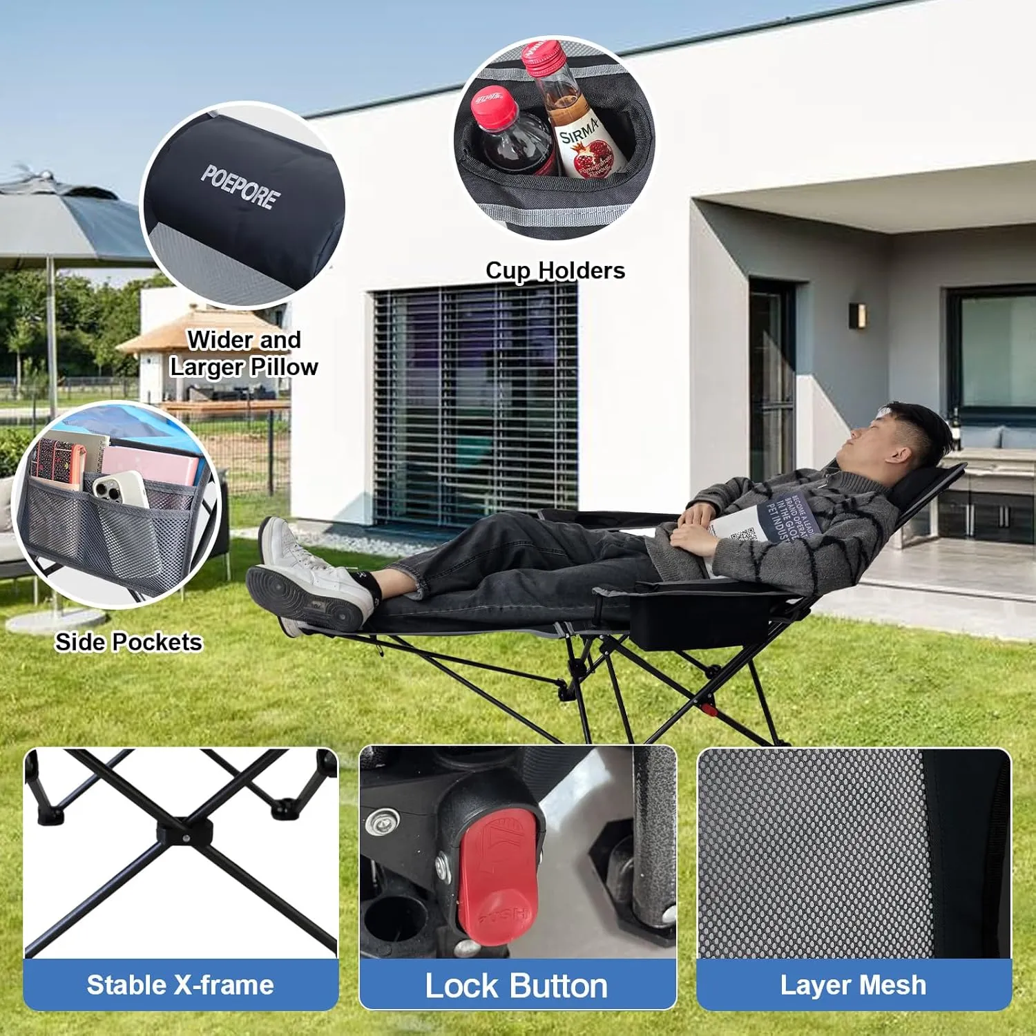 2-Pack Reclining Camping Chair 4 Position with Foot Rest Comfortable for Adults 265Ibs Folding Lounger Mesh Beach Chair with Cooler Bag and Cup Holder for Outdoor Patio