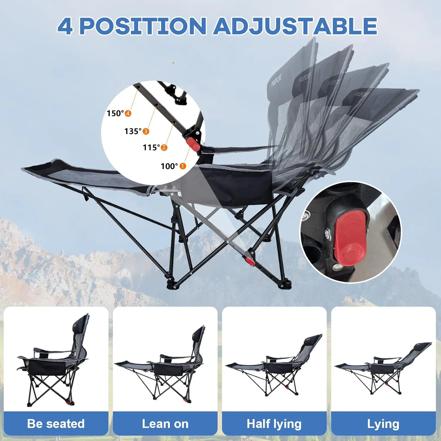 2-Pack Reclining Camping Chair 4 Position with Foot Rest Comfortable for Adults 265Ibs Folding Lounger Mesh Beach Chair with Cooler Bag and Cup Holder for Outdoor Patio