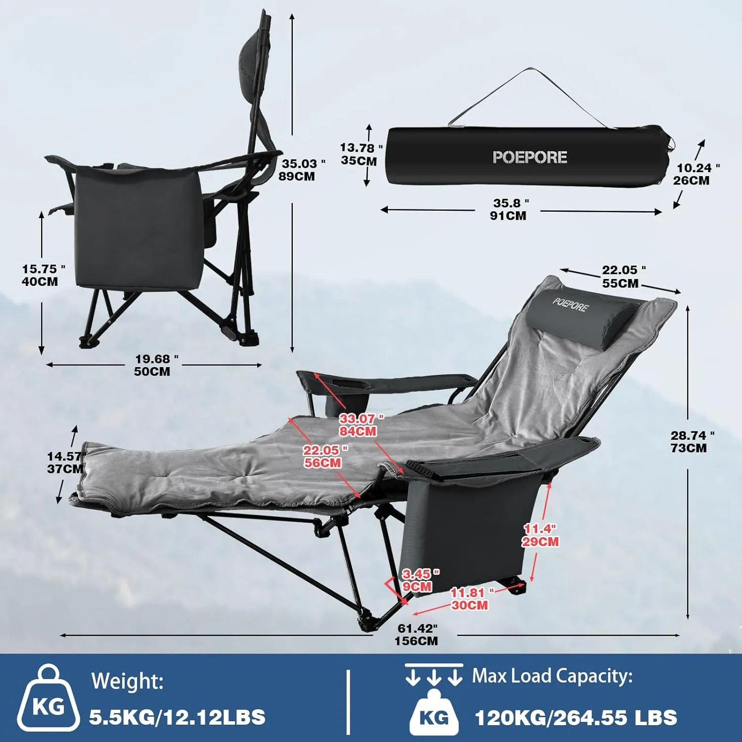 2-Pack Reclining Camping Chair 4 Position with Foot Rest Comfortable for Adults 265Ibs Folding Lounger Mesh Beach Chair with Cooler Bag,Cotton Cushion and Cup Holder for Outdoor Patio
