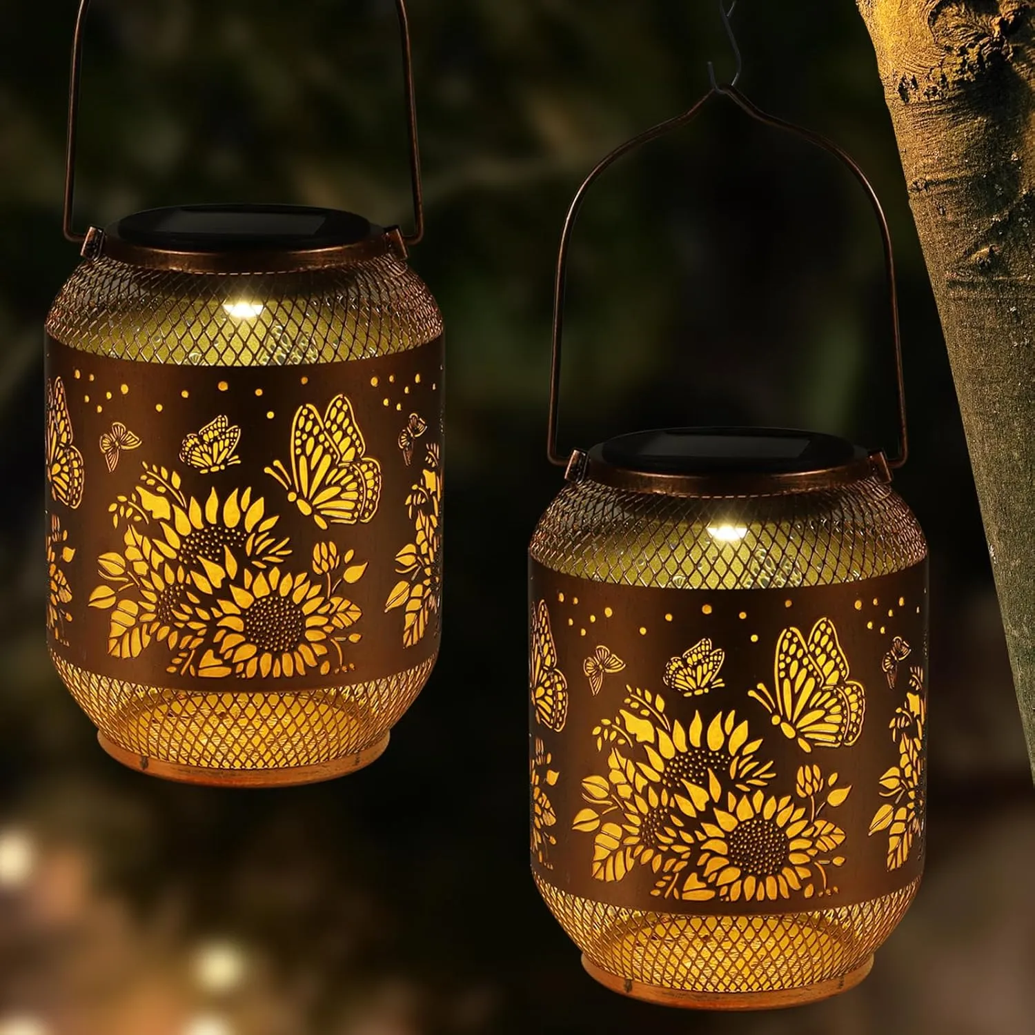 2 Pack Solar Lanterns Outdoor, Birthdays Gifts for Women Mom Grandma, Metal Waterproof Hanging Garden Decorative Solar LED Light for Yard, Patio, Lawn, Porch, Backyard (Butterfly and Sunflower)