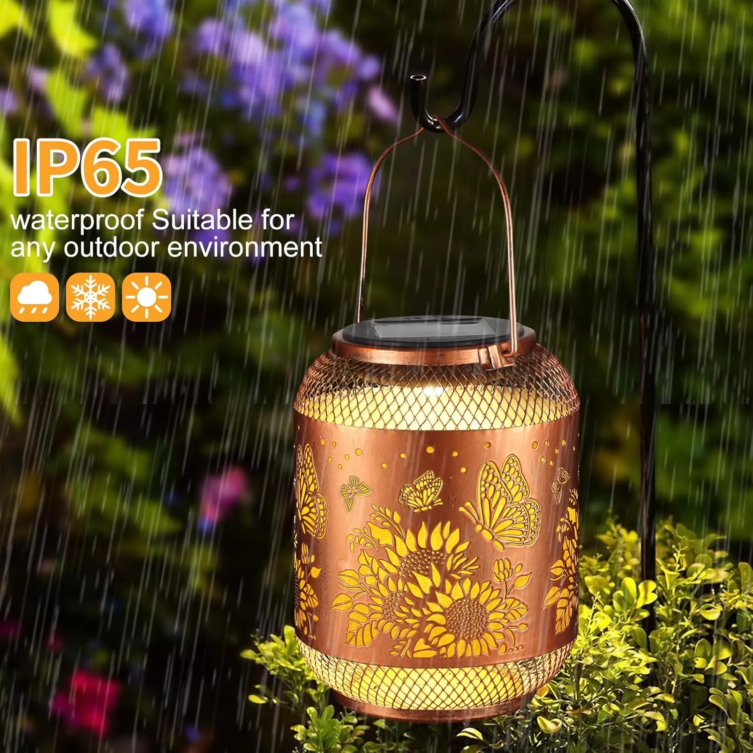 2 Pack Solar Lanterns Outdoor, Birthdays Gifts for Women Mom Grandma, Metal Waterproof Hanging Garden Decorative Solar LED Light for Yard, Patio, Lawn, Porch, Backyard (Butterfly and Sunflower)