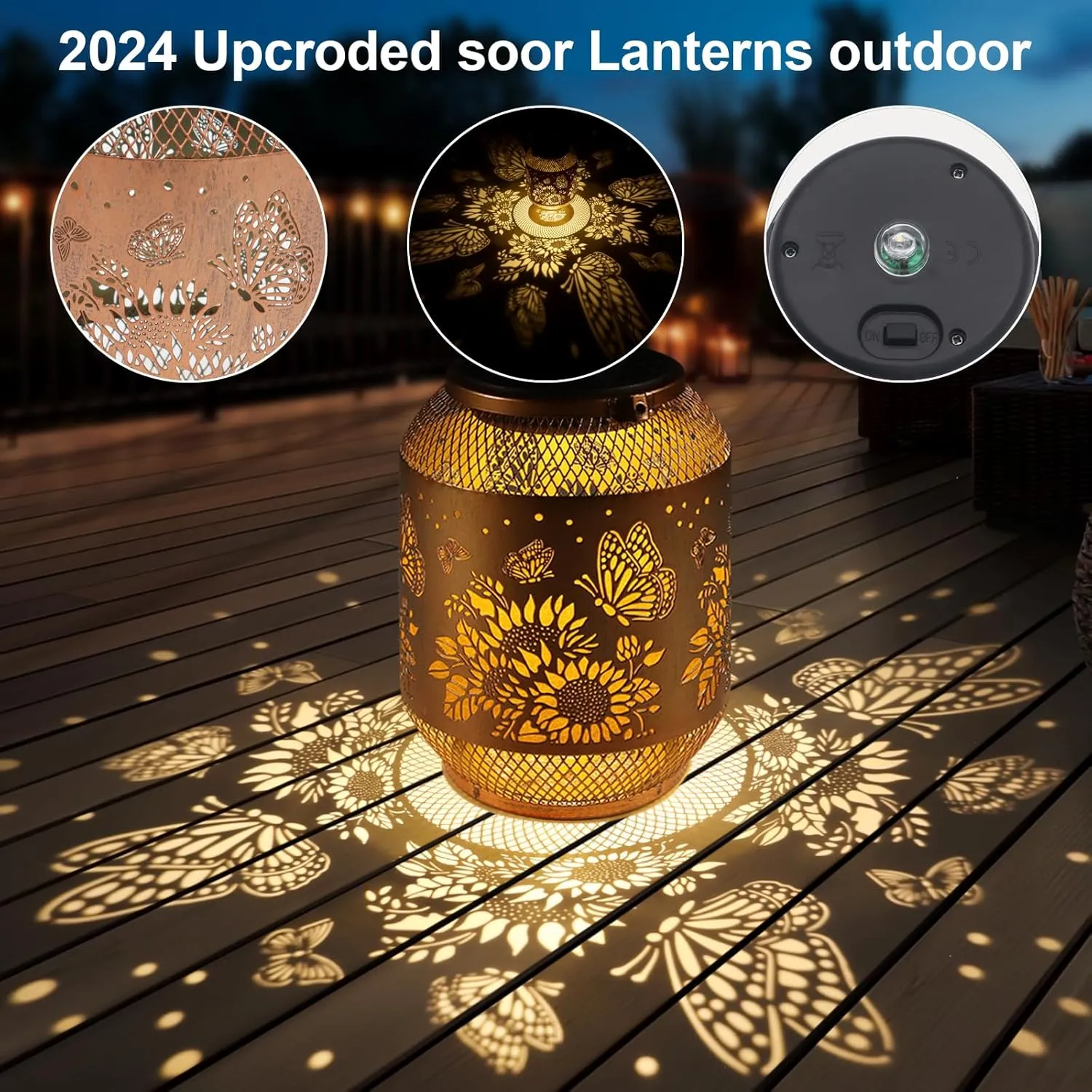 2 Pack Solar Lanterns Outdoor, Birthdays Gifts for Women Mom Grandma, Metal Waterproof Hanging Garden Decorative Solar LED Light for Yard, Patio, Lawn, Porch, Backyard (Butterfly and Sunflower)