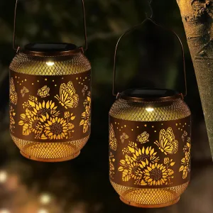 2 Pack Solar Lanterns Outdoor, Birthdays Gifts for Women Mom Grandma, Metal Waterproof Hanging Garden Decorative Solar LED Light for Yard, Patio, Lawn, Porch, Backyard (Butterfly and Sunflower)
