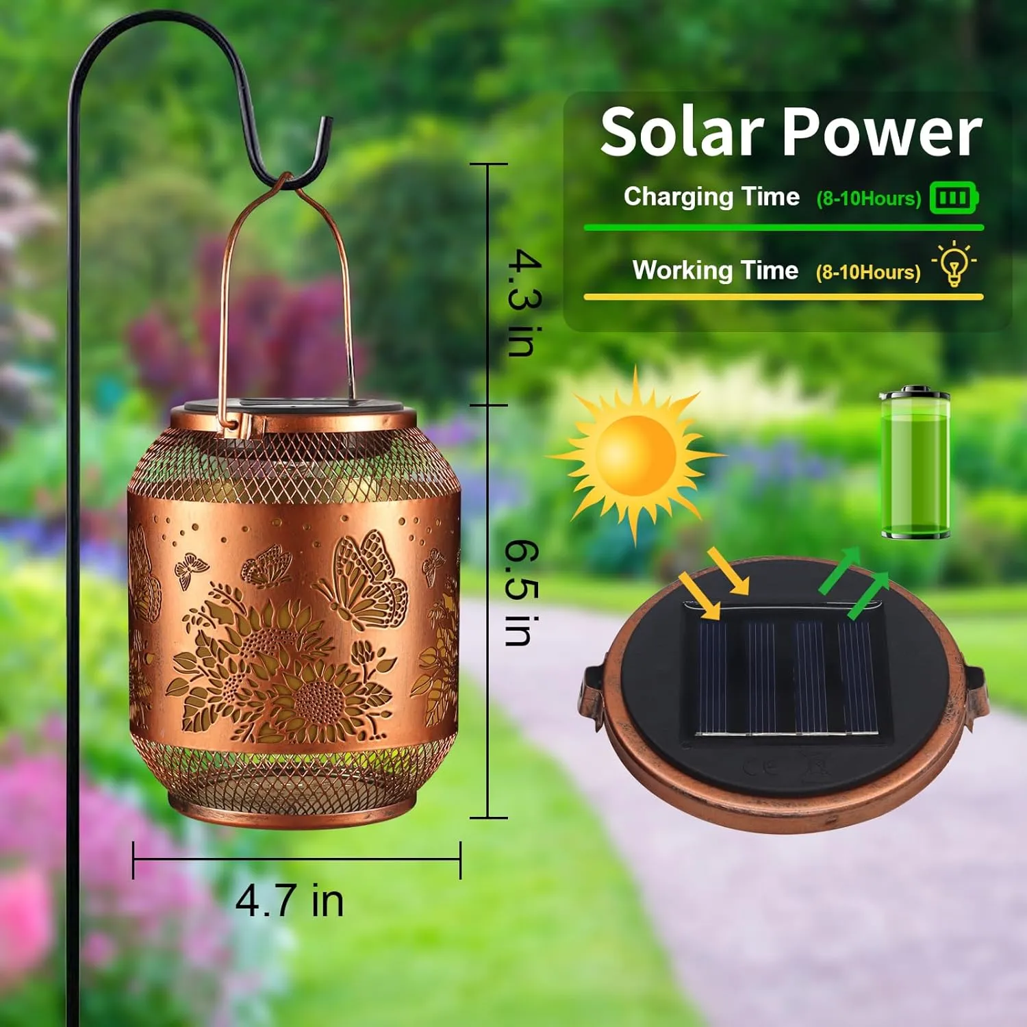 2 Pack Solar Lanterns Outdoor, Birthdays Gifts for Women Mom Grandma, Metal Waterproof Hanging Garden Decorative Solar LED Light for Yard, Patio, Lawn, Porch, Backyard (Butterfly and Sunflower)